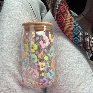 Colorful Leopard Print Glass Tumbler with Straw handmade